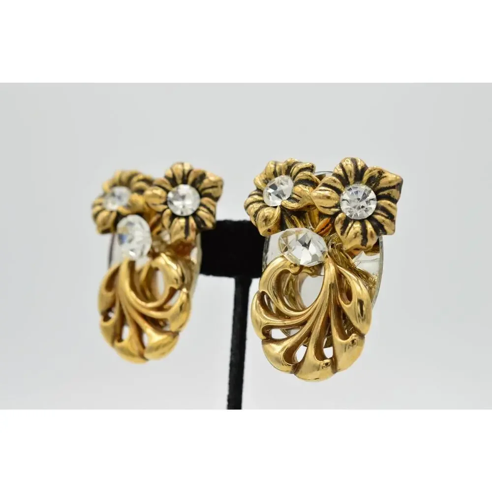 Vintage Clip On Earrings Rhinestone Crystal Mirrored Floral Chunky 1980s 9L